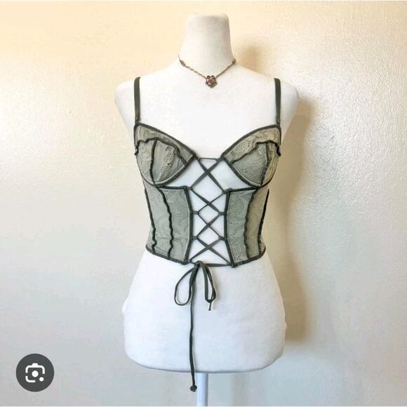 Out From Under Urban Outfitters Green Lace Up Crop Corset Tank Top Size Medium - Picture 1 of 7